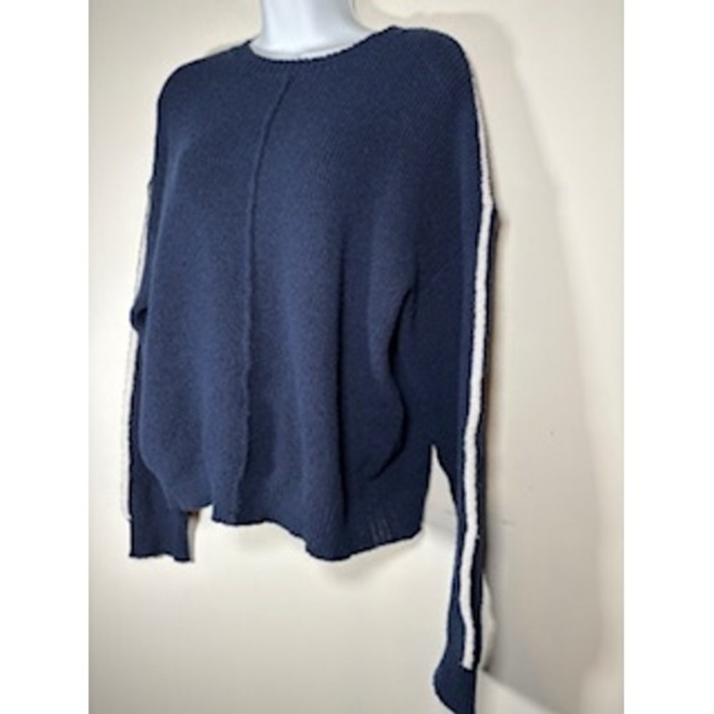 Navy Blue Sweater White Sleeve Stripe Ribbed Knit Crewneck Coastal‎ Nautical - Picture 3 of 5